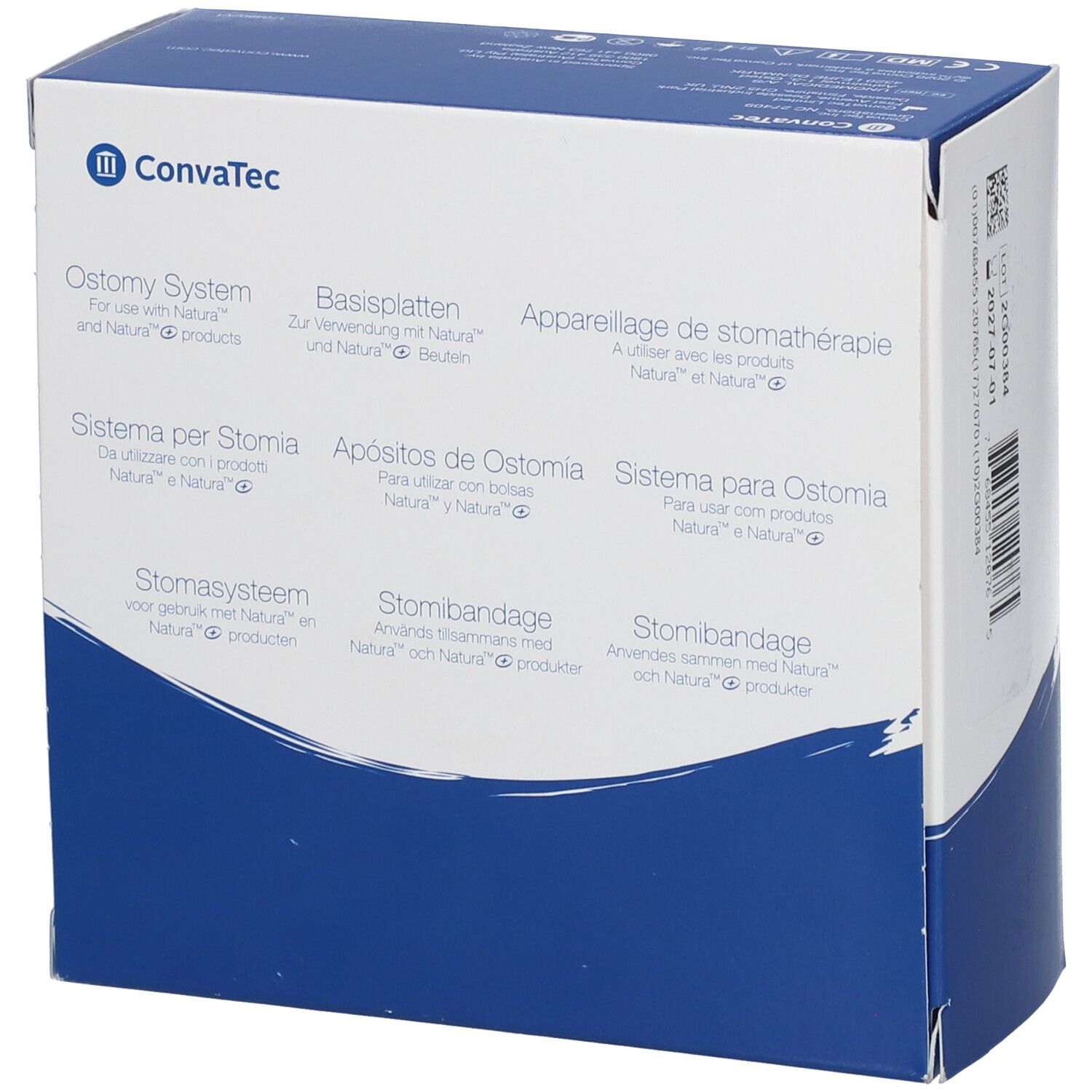 Verpackung von Convatec Ostomy System. Mehrsprachige Produktinformationen. Blaue und weiße Box mit Logo.