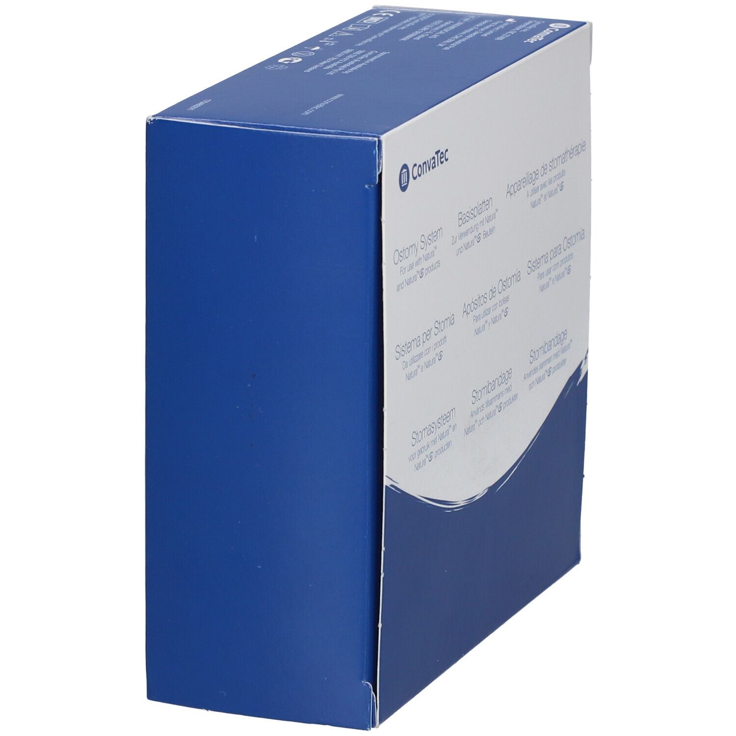 Blaue und weiße Verpackung von Convatec Ostomy System. Seitenansicht mit Produktinformationen.