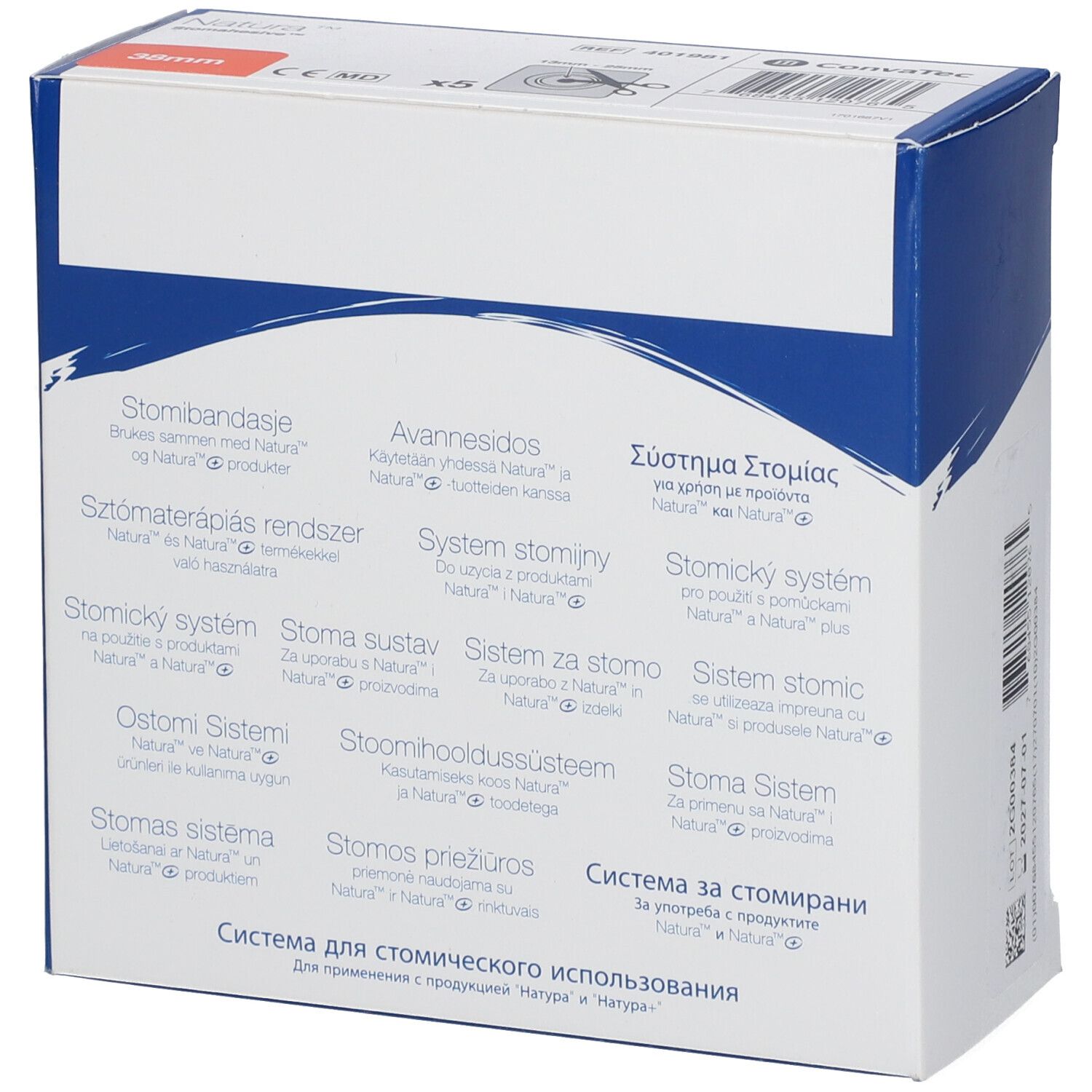 Verpackung von Convatec Ostomy System. Aufdruck mit Produktinformationen in verschiedenen Sprachen. 38mm.