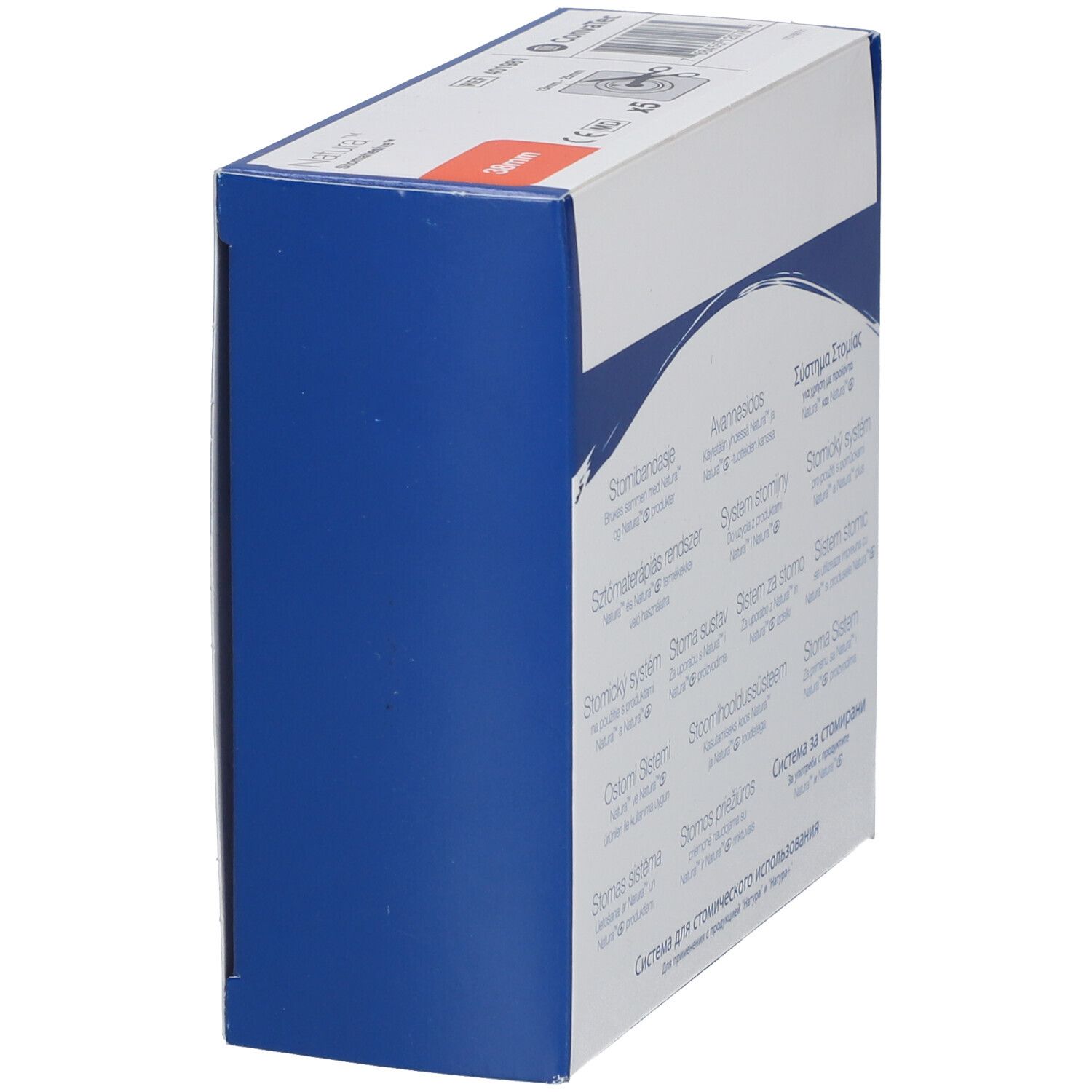 Blaue und weiße Verpackung von Convatec Ostomy System. Seitenansicht mit Produktinformationen. 38mm.