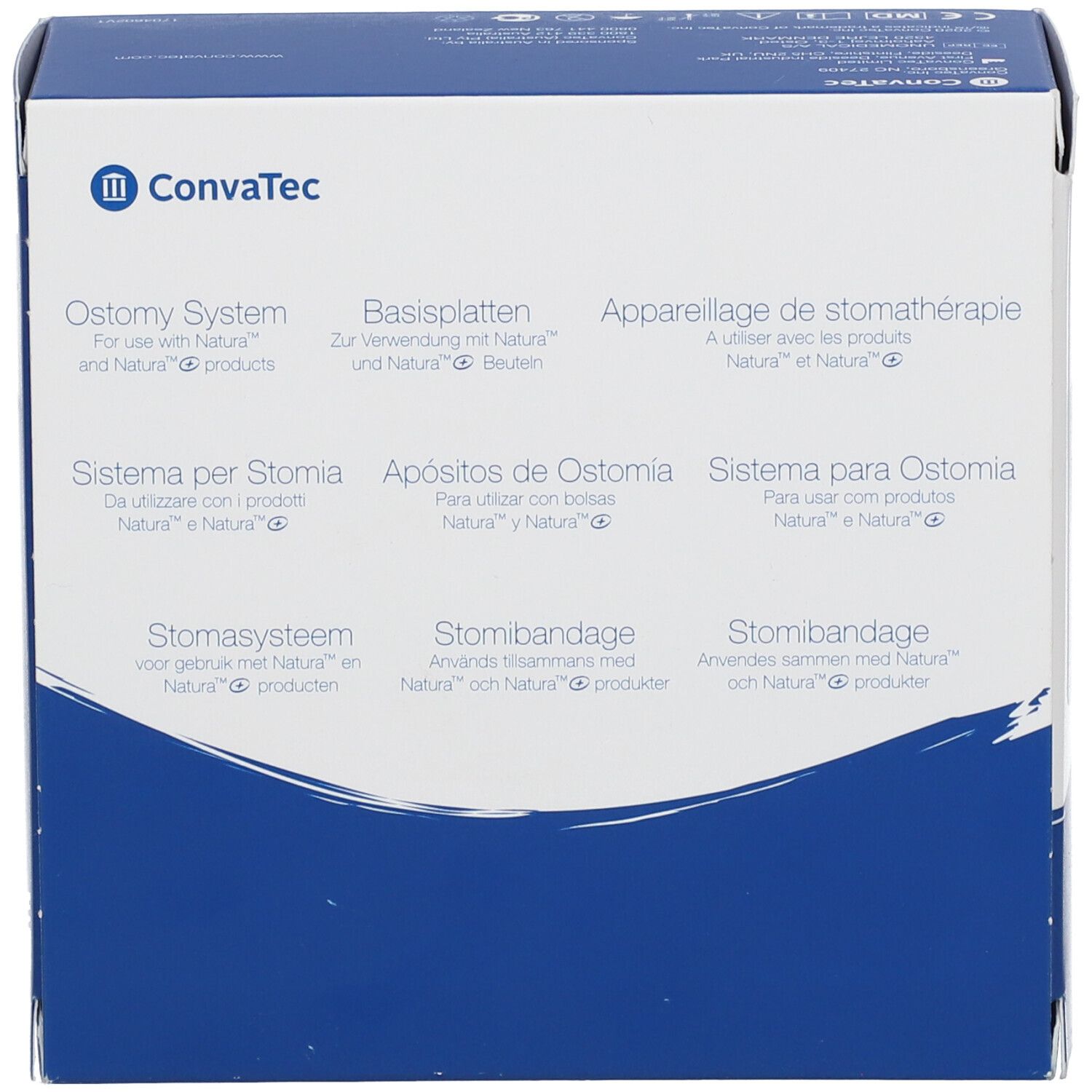 Verpackung von Convatec Ostomy System. Mehrsprachige Produktinformationen. Blaue und weiße Box mit Logo.