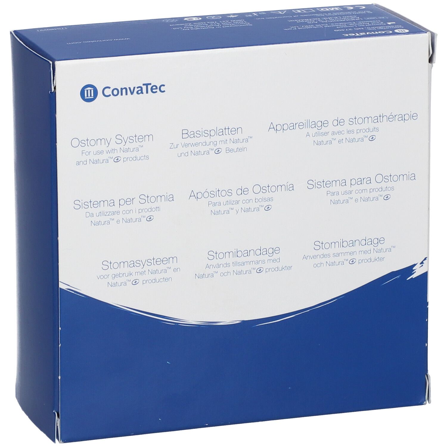 Verpackung von Convatec Ostomy System. Mehrsprachige Produktinformationen. Blaue und weiße Box mit Logo.