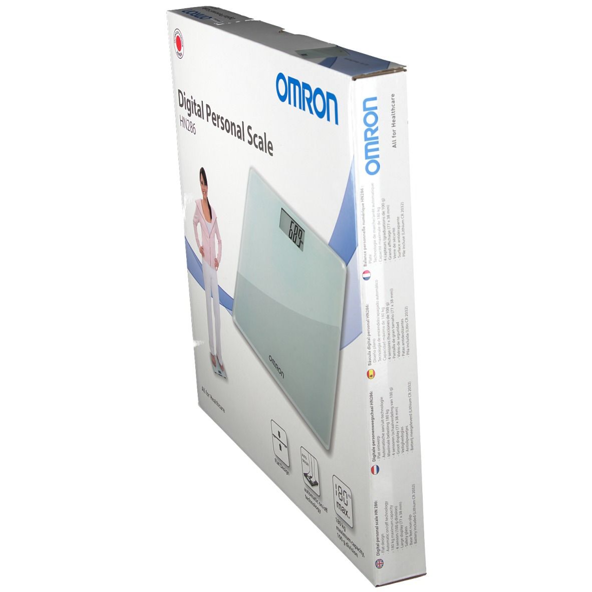 Zijaanzicht van de verpakking van de OMRON HN286 digitale personenweegschaal. Productinformatie gedrukt op de verpakking.