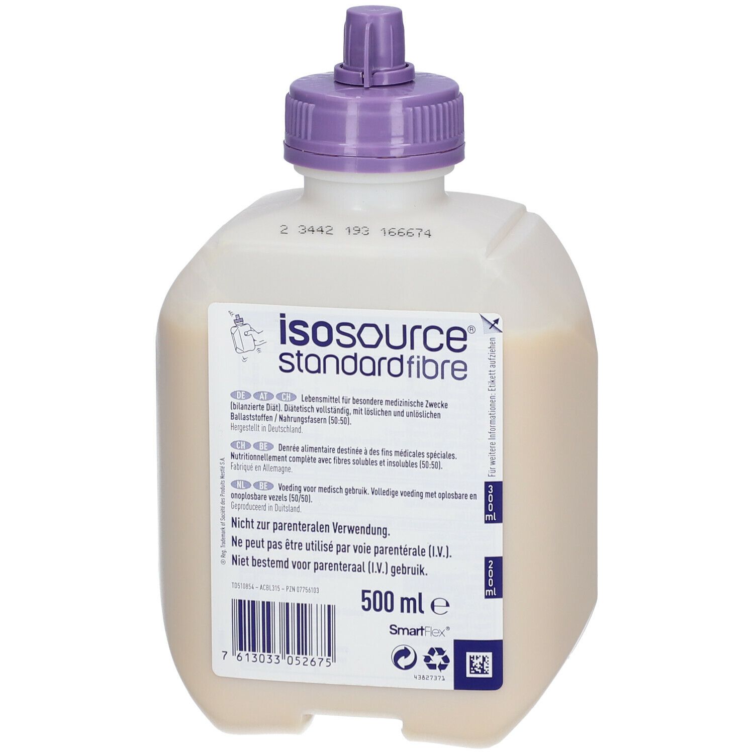 Fles Isosource Standard Fibre met paarse dop. 500 ml. Bedrukt met voedingswaarde-informatie en tekst in meerdere talen.