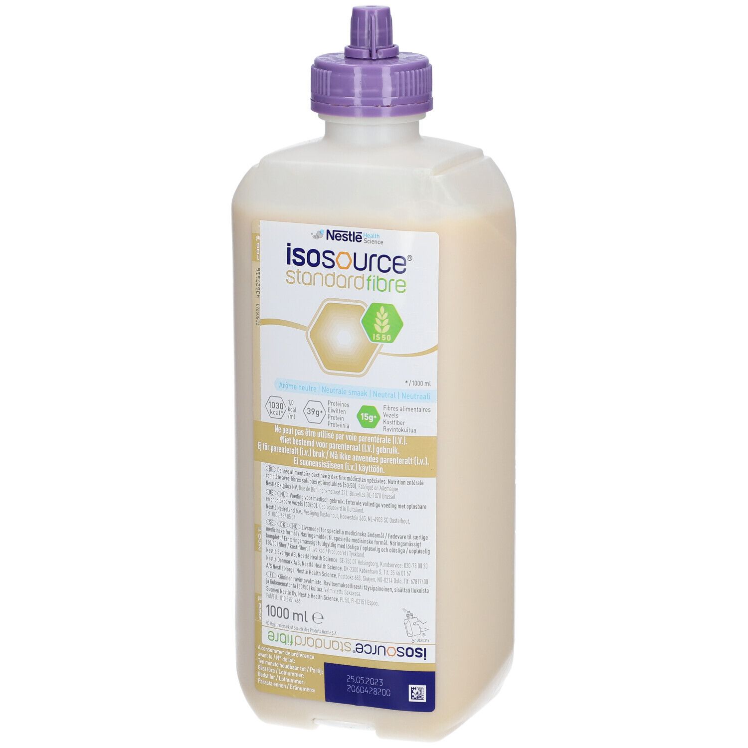 Fles met vloeistof. Opschrift: Isosource Standard Fibre. Paarse dop. 1000 ml.