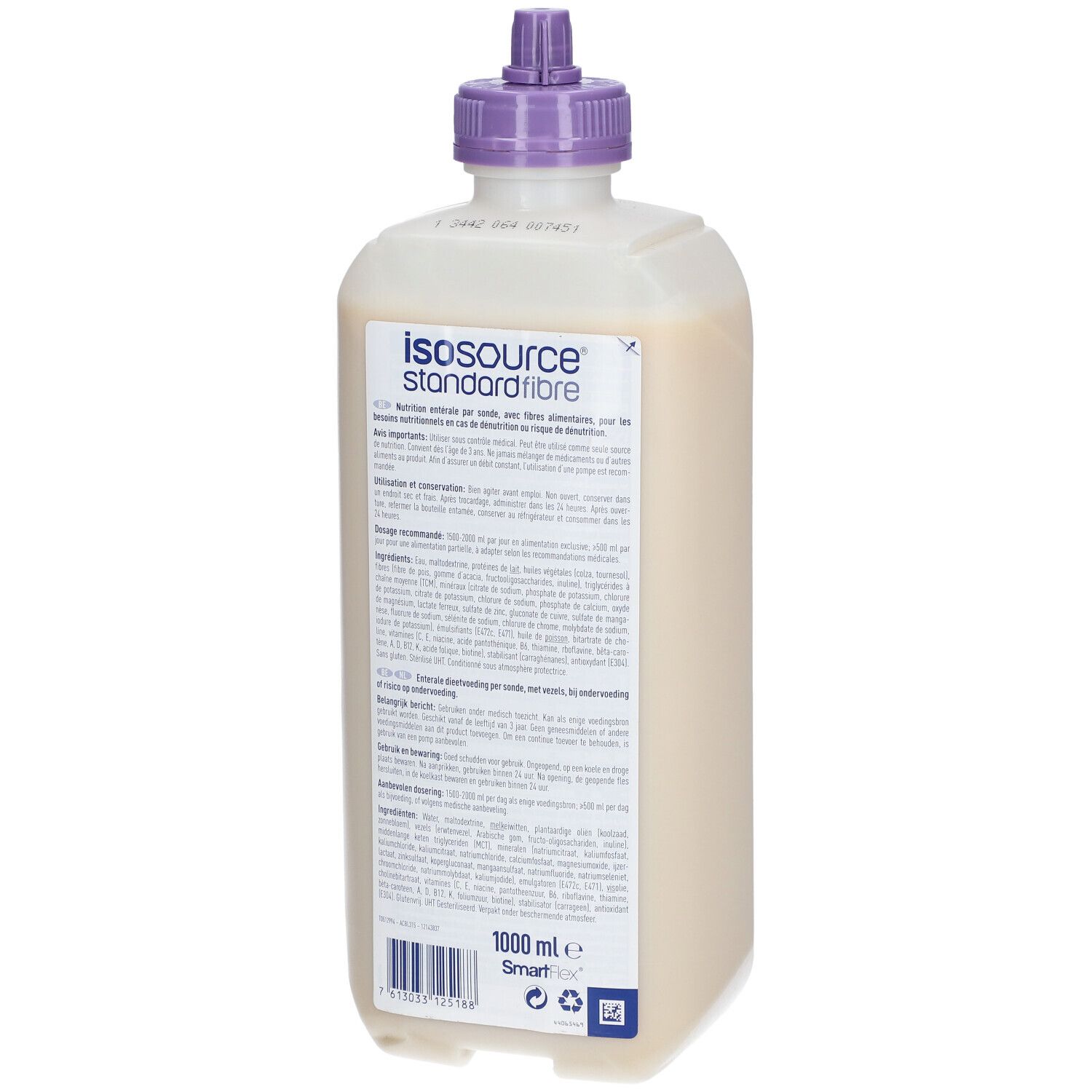 Fles met vloeistof. Opschrift: Isosource Standard Fibre. Paarse dop. Achteraanzicht.