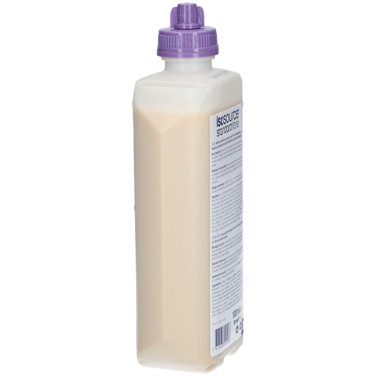 Fles met vloeistof. Opschrift: Isosource Standard Fibre. Paarse dop. Zijaanzicht.
