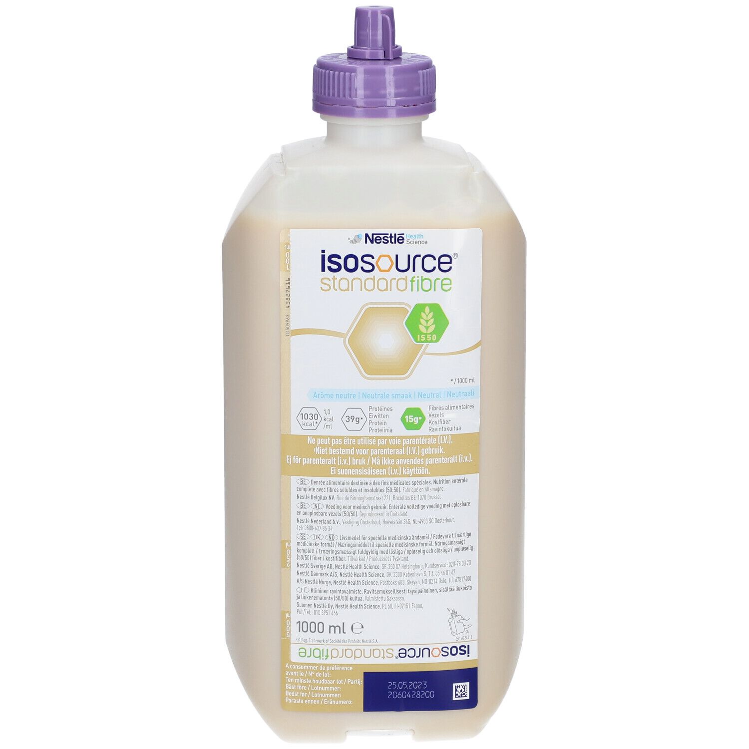 Fles met vloeistof. Opschrift: Isosource Standard Fibre. Paarse dop. 1000 ml.