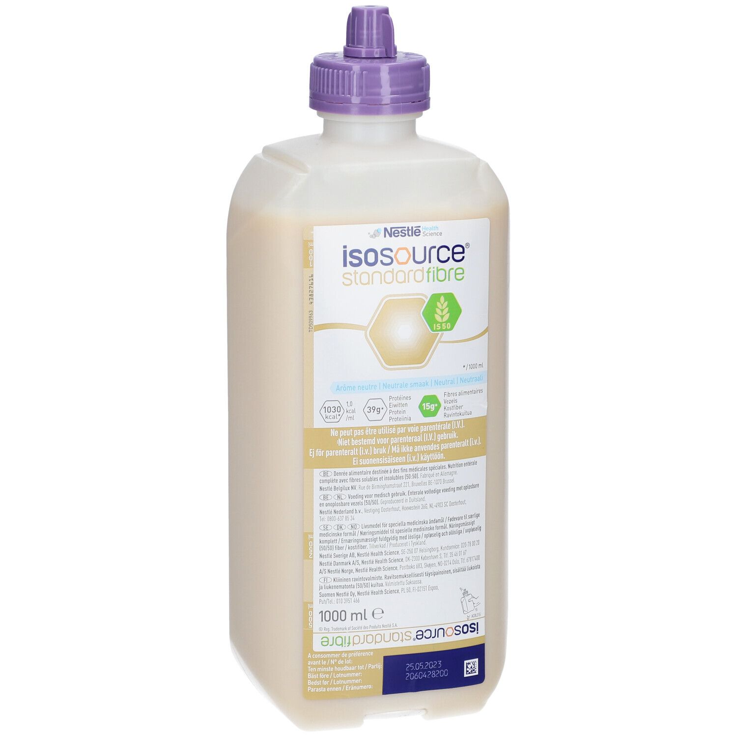 Fles met vloeistof. Opschrift: Isosource Standard Fibre. Paarse dop. 1000 ml.