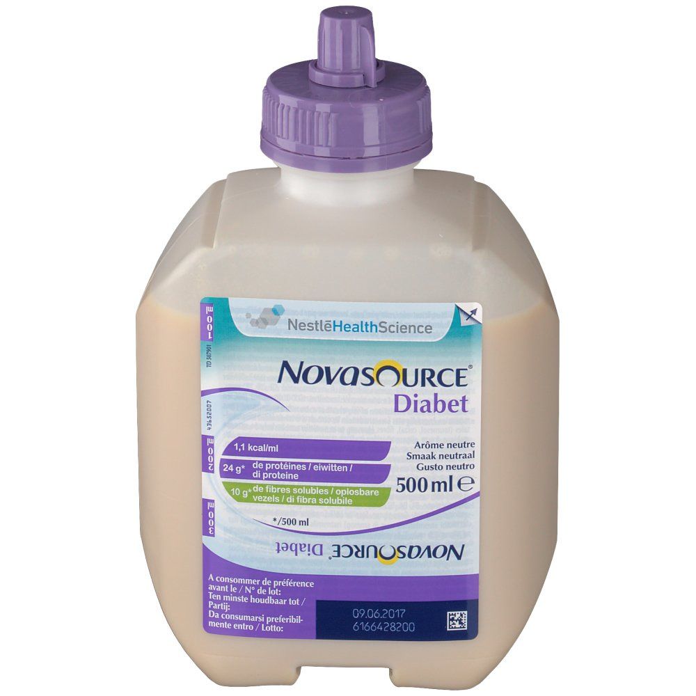 Beige fles met paarse dop. Opschrift Novasource Diabet. Bevat 500 ml. Nestle Health Science logo.