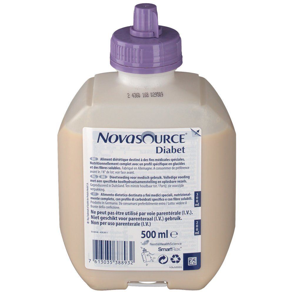 Beige fles met paarse dop. Opschrift Novasource Diabet. Bevat 500 ml. Nestle Health Science logo.