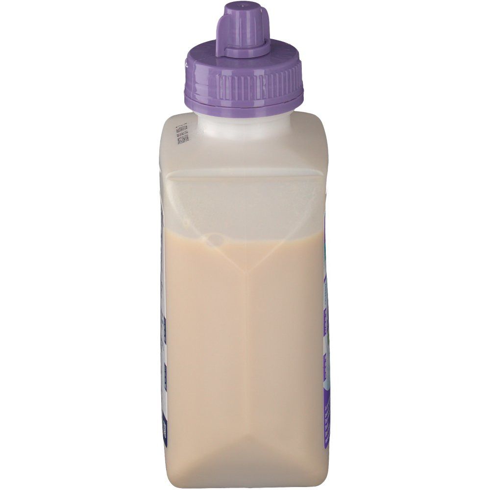 Bovenaanzicht van een rechthoekige, beige fles met paarse dop. Product Novasource Diabet.