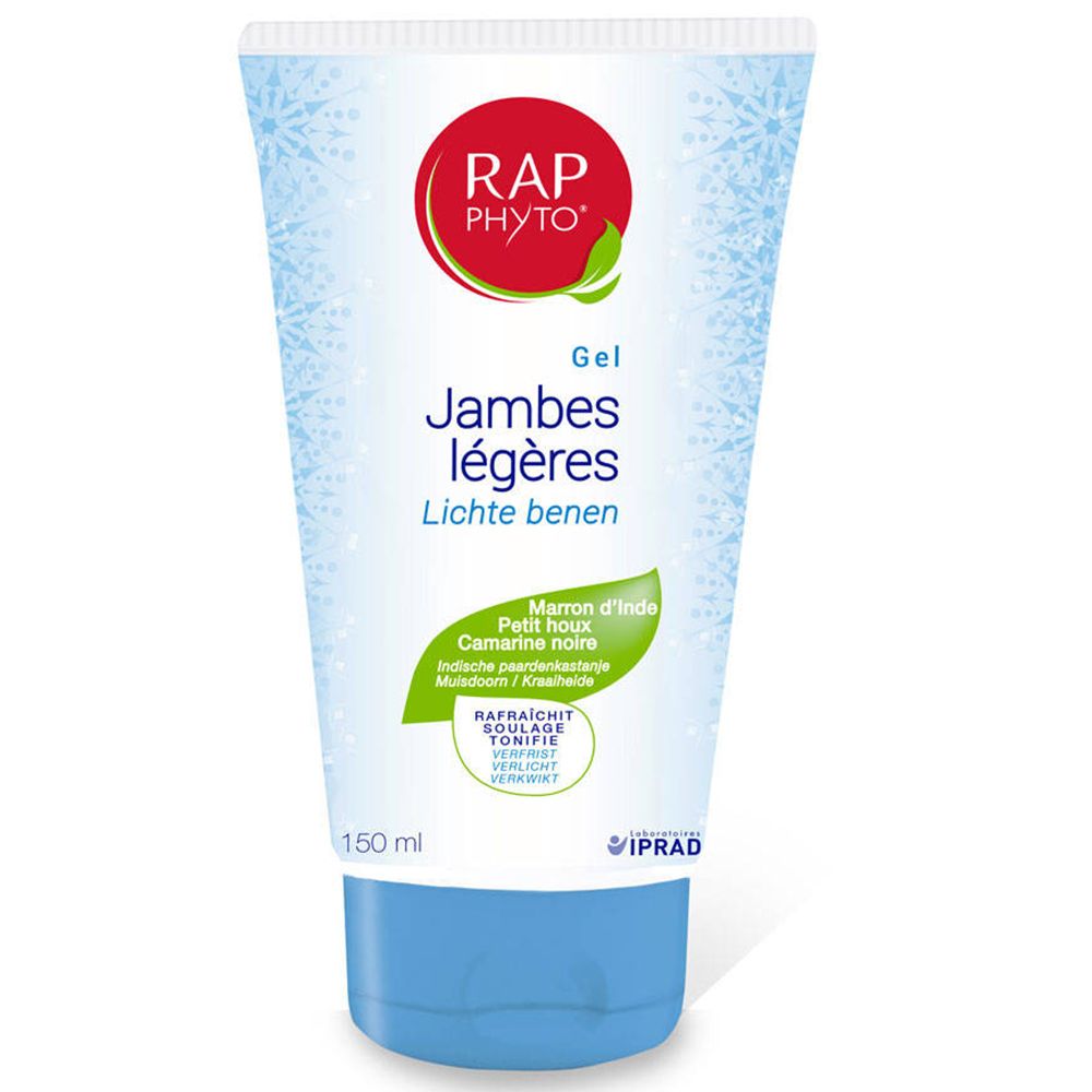 Tube blanc et bleu. Inscription: RAP PHYTO Gel Jambes légères. Autres textes en français et néerlandais.