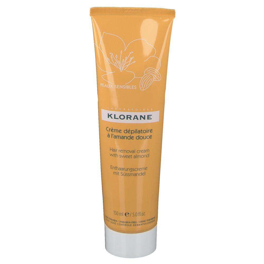Tube de crème dépilatoire KLORANE à l'amande douce. Tube jaune avec bouchon blanc. Inscriptions visibles.