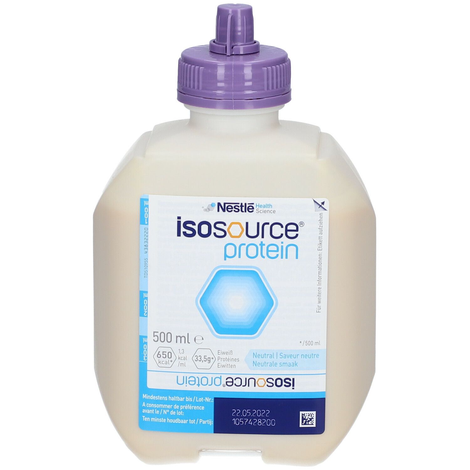 Isosource Protein Smartflex. Bouteille avec bouchon violet. 500 ml. Inscription: Nestle Health Science.