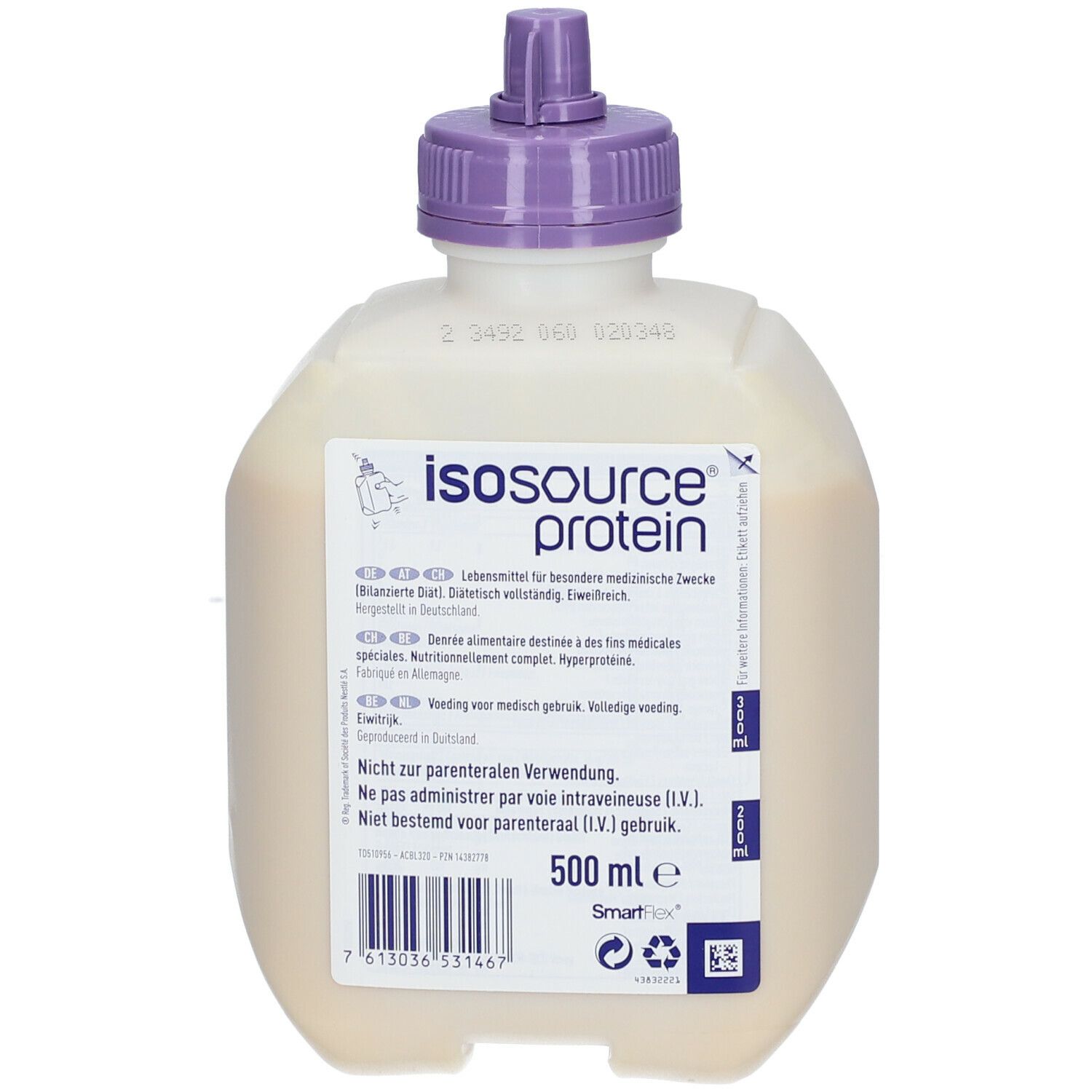 Isosource Protein Smartflex. Bouteille avec bouchon violet. 500 ml. Inscription: Nestle Health Science. Texte multilingue.