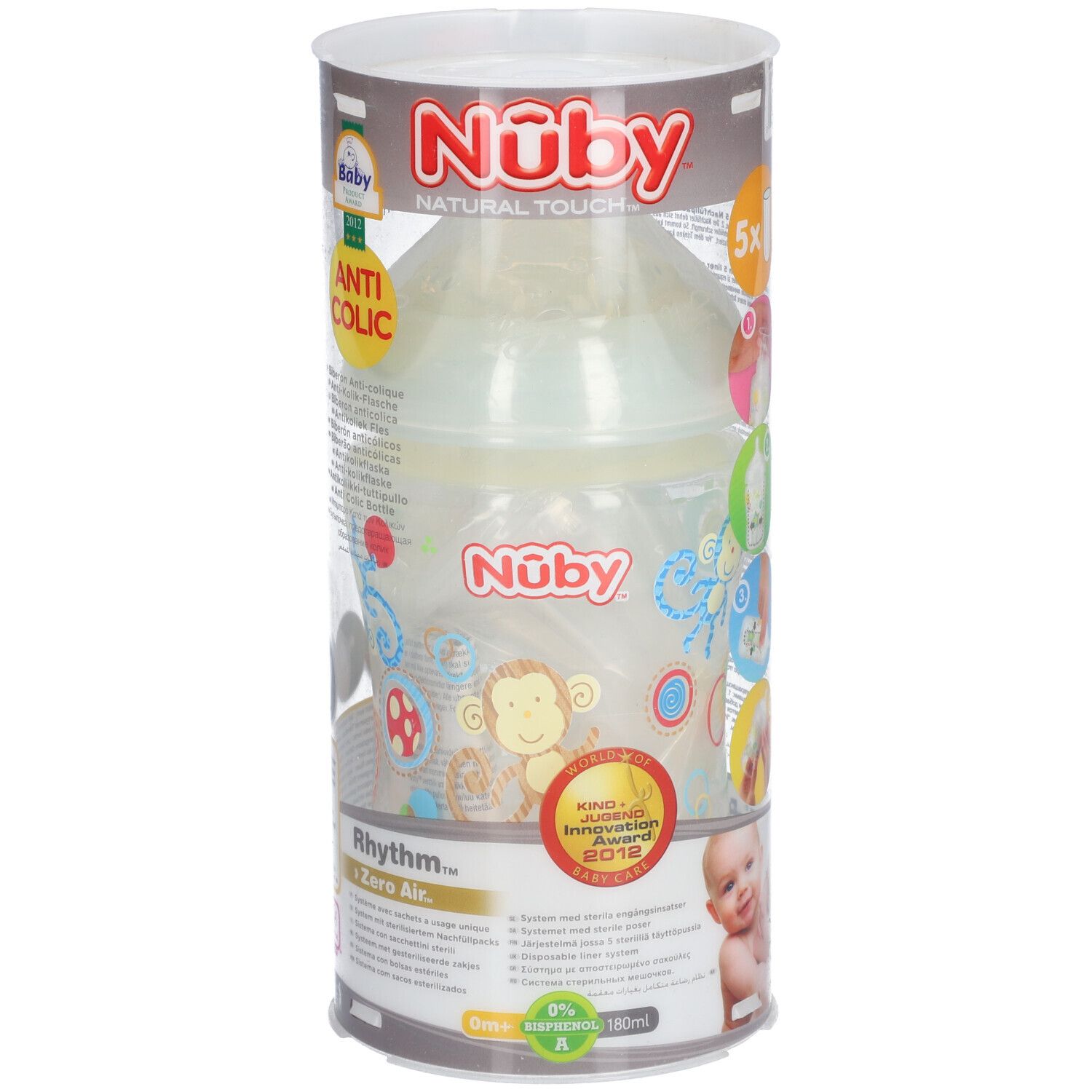 Biberon dans un emballage cylindrique. Inscriptions : Nûby, Natural Touch, Anti-Colic. Avec impression 5x. Prix : Kind + Jugend Innovation Award 2012.