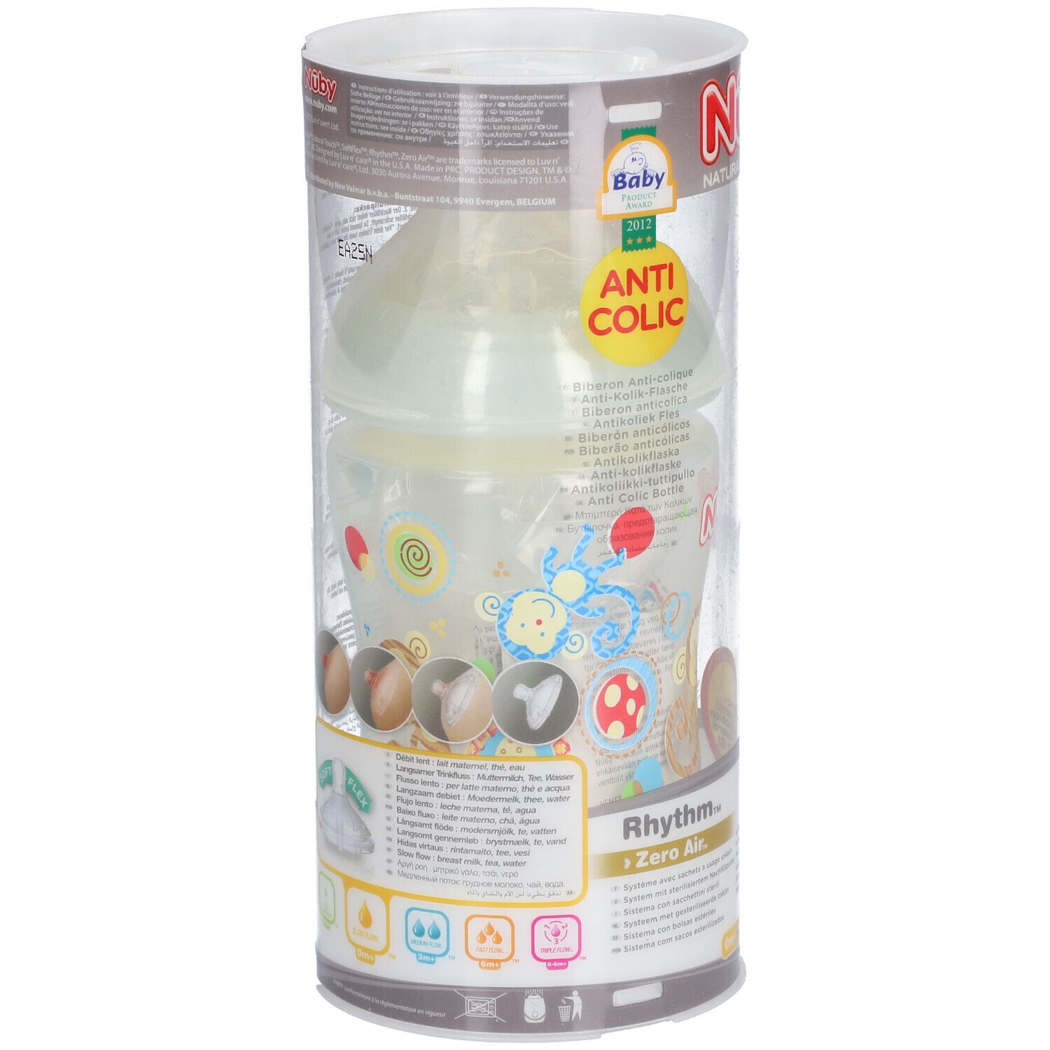 Biberon dans un emballage cylindrique. Inscriptions : Nûby, Anti-Colic. Illustrations et texte. Dos avec informations sur le produit et code QR.