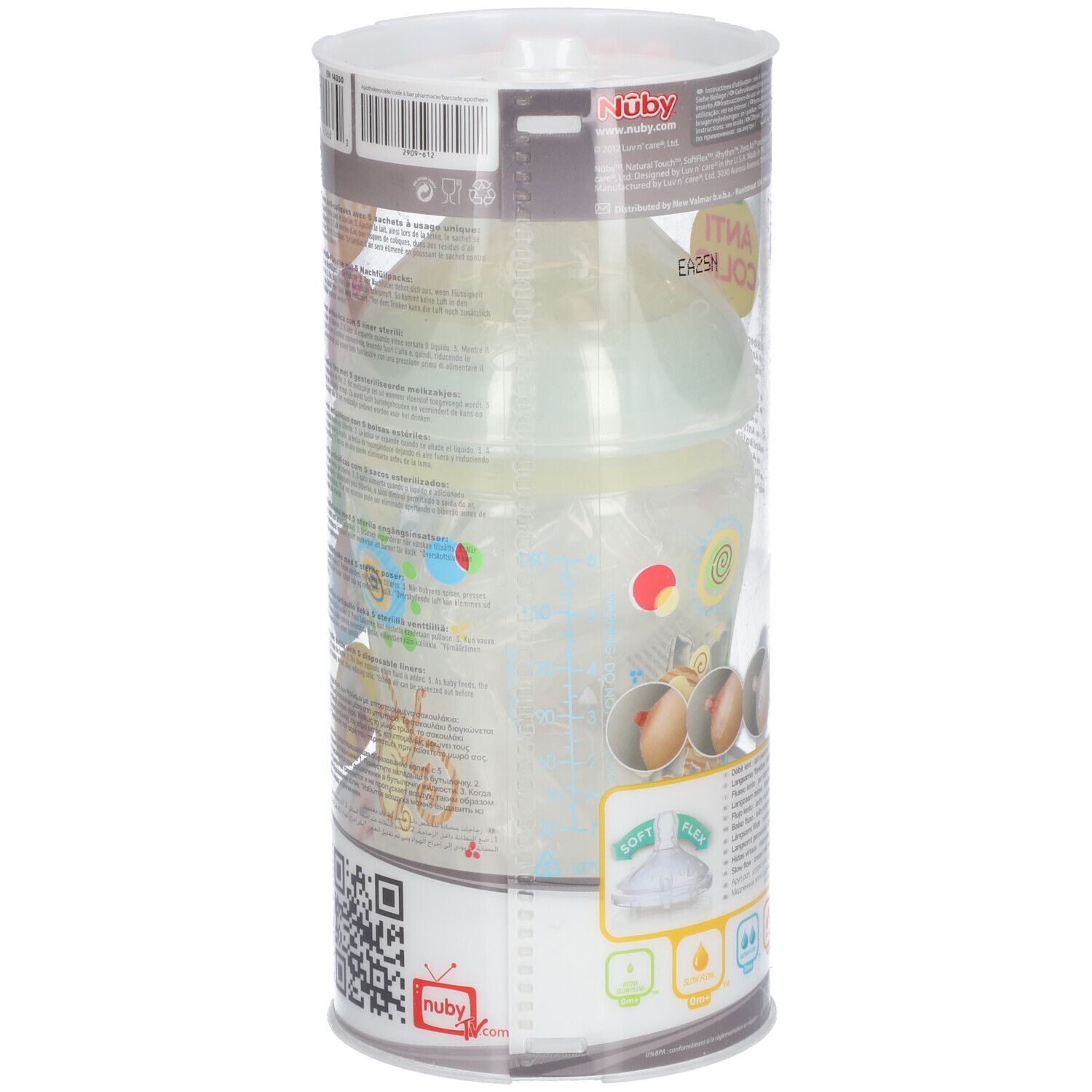 Emballage cylindrique avec biberon. Inscriptions : Nûby, Anti-Colic. Dos avec informations sur le produit, code QR et illustrations.