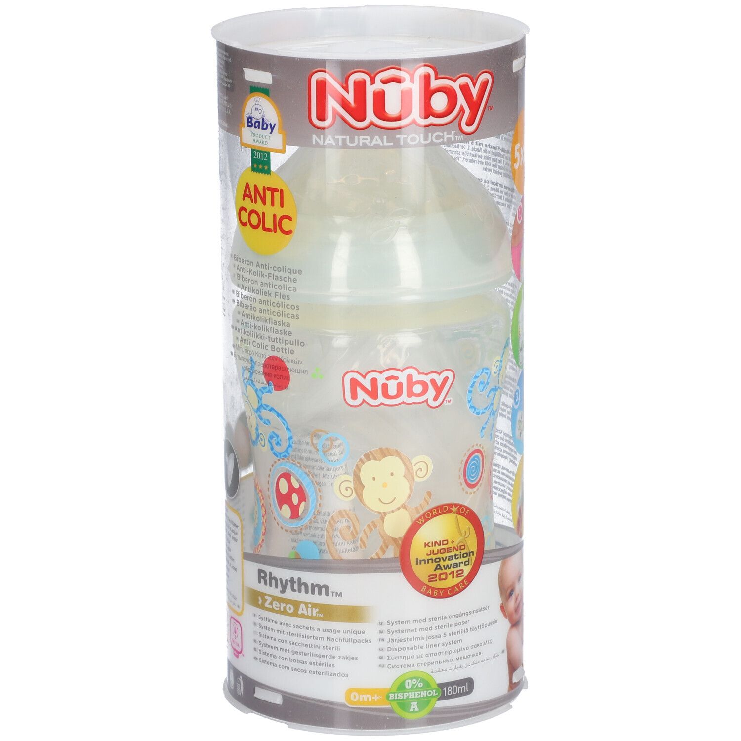Biberon dans un emballage cylindrique. Inscriptions : Nûby, Natural Touch, Anti-Colic. Prix : Kind + Jugend Innovation Award 2012.