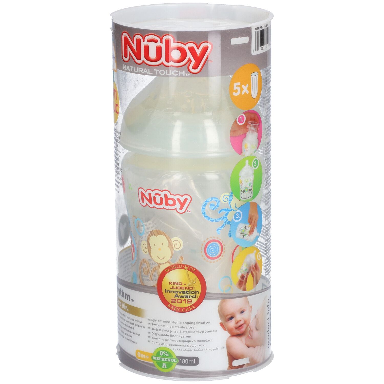 Biberon dans un emballage cylindrique. Inscriptions : Nûby, Natural Touch, Anti-Colic. Avec impression 5x. Prix : Kind + Jugend Innovation Award 2012.