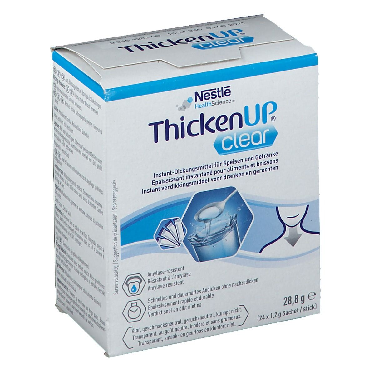 Doosje ThickenUp Clear. Opschrift: Instant verdikkingsmiddel voor dranken en gerechten. 24 zakjes van 1,2 g.