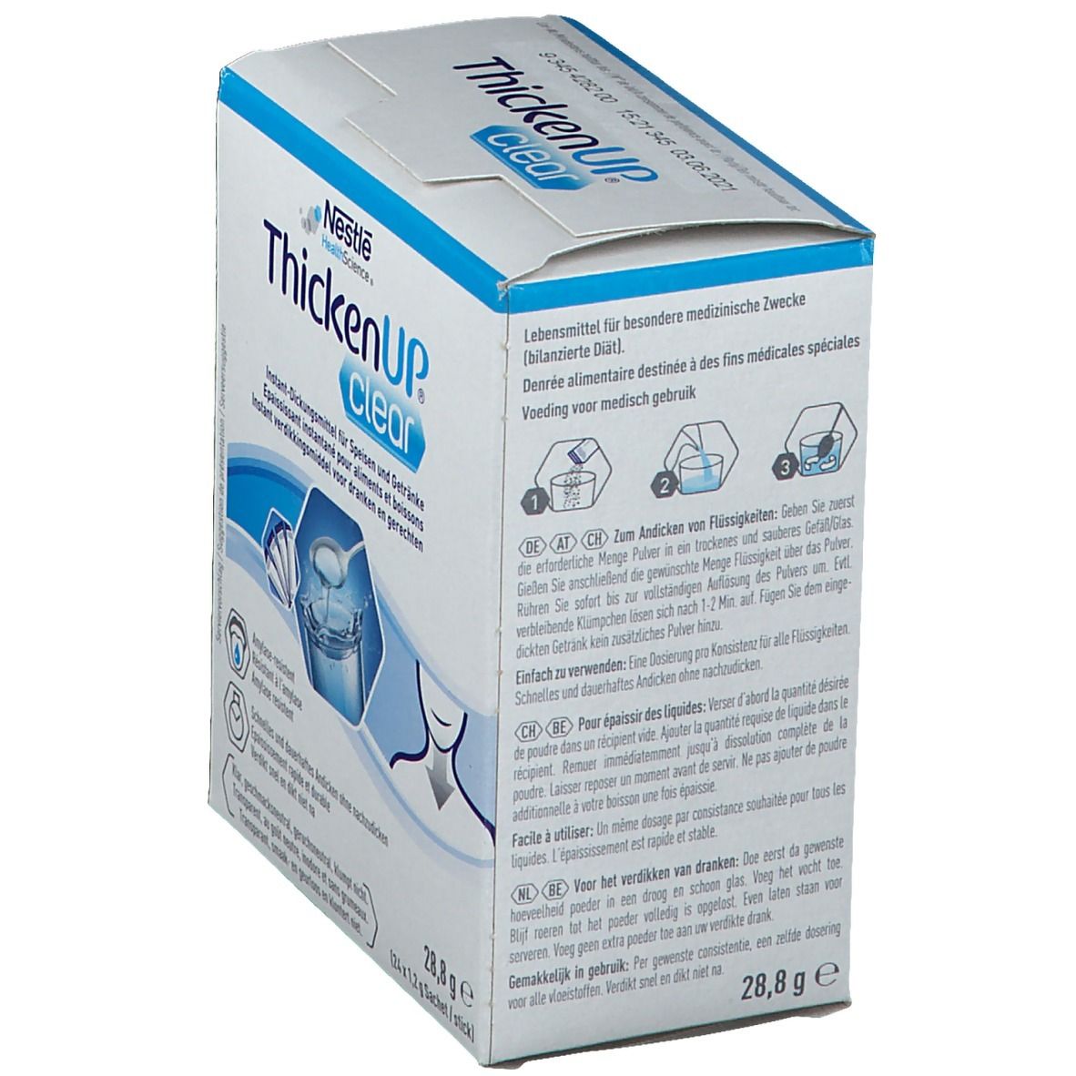 Schuine weergave van de ThickenUp Clear-verpakking. Tekst: Voeding voor medisch gebruik. Instructies.