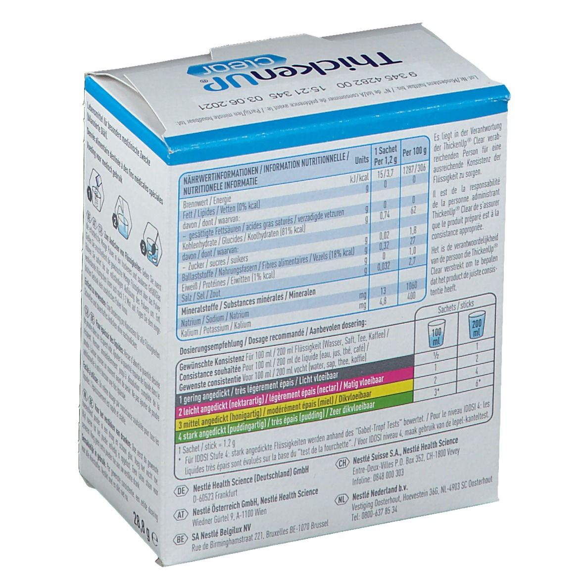 Achterkant van de ThickenUp Clear-verpakking. Voedingswaarde, dosering, ingrediënten en fabrikant informatie.