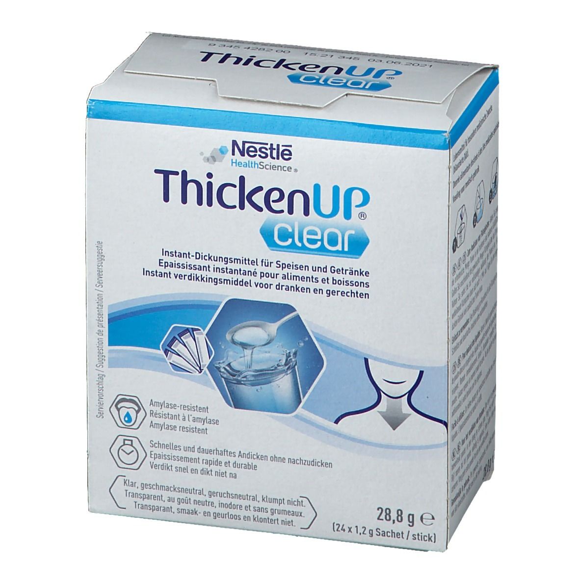 Verpakking ThickenUp Clear. Opschrift: Instant verdikkingsmiddel voor dranken en gerechten. 24 zakjes van 1,2 g.