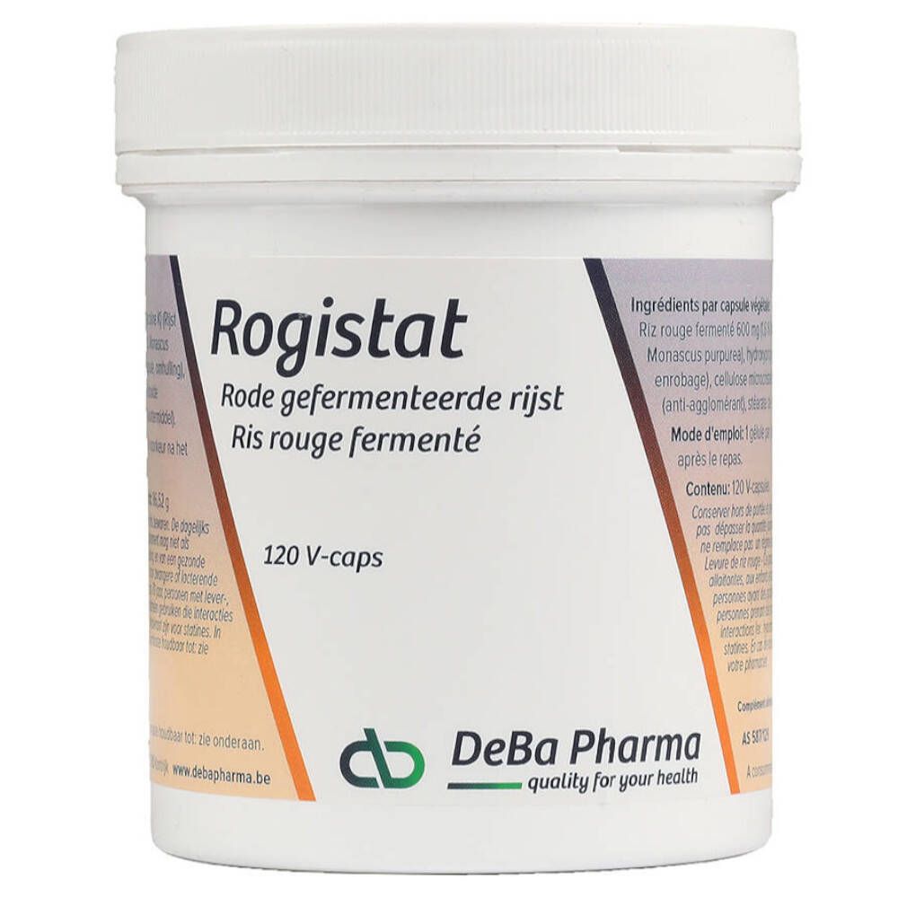 Pot blanc avec inscription Rogistat. Contient 120 V-capsules. Logo DeBa Pharma.