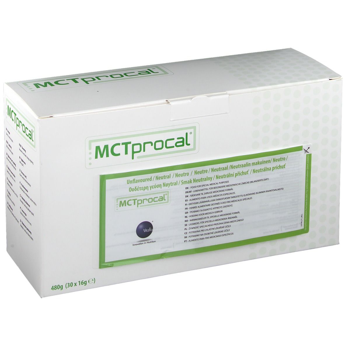 Boîte en carton blanche avec cadre vert. Inscription: MCTprocal. Contient des informations en plusieurs langues. 480g (30 x 16g).
