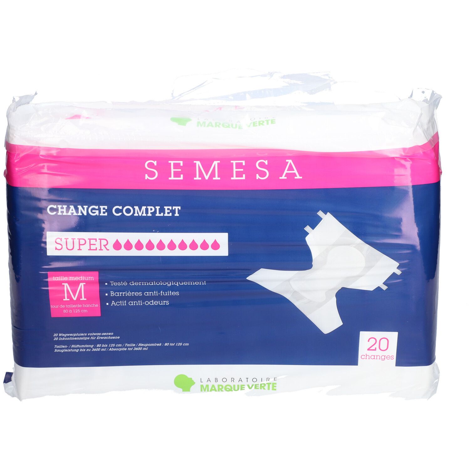 Paquet de sous-vêtements d'incontinence Semesa Super, taille M. 20 changes. Emballage bleu et rose.