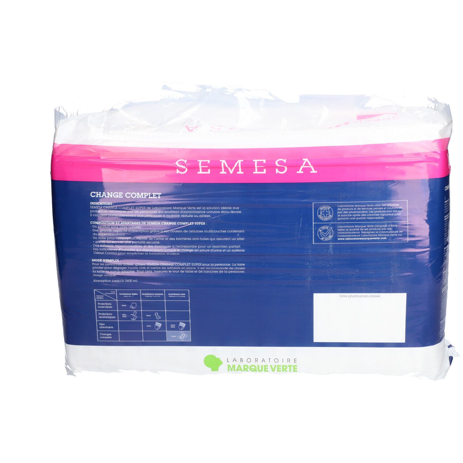 Dos du paquet de sous-vêtements d'incontinence Semesa. Emballage bleu et rose. Texte et pictogrammes.