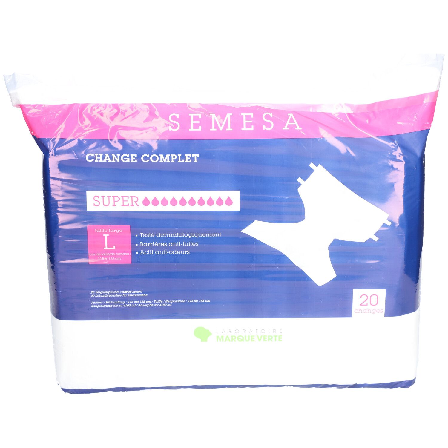 Paquet de Semesa Change Complet Super, taille L. 20 unités. Design rose et bleu. Marque Marque Verte.