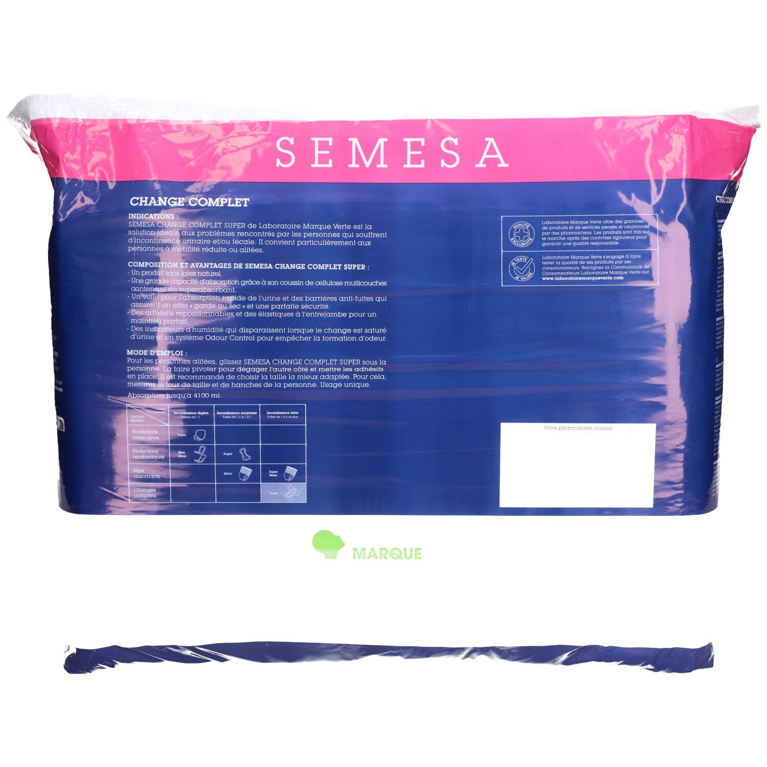 Dos du paquet de Semesa Change Complet Super. Contient du texte et des logos. Marque Marque Verte.