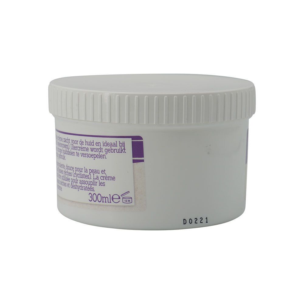 Pot blanc avec étiquette violette. Texte en néerlandais et français. Volume : 300 ml.