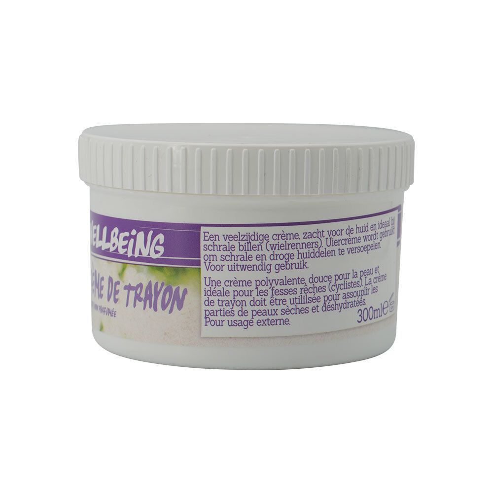 Pot blanc avec étiquette violette. Texte en néerlandais et français. Volume : 300 ml.