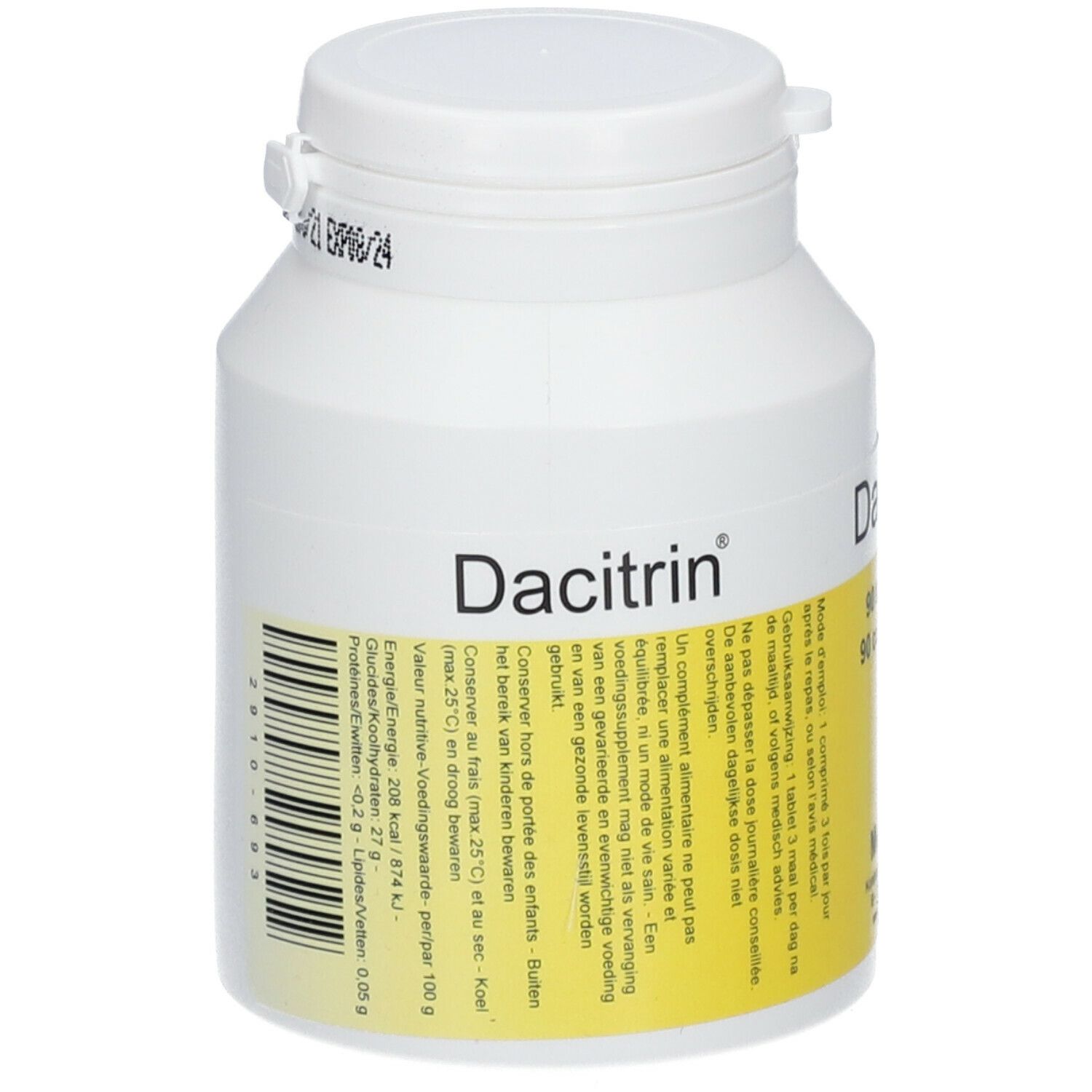 Witte tablettenfles met geel etiket. Opschrift: Dacitrin®. Vervaldatum op deksel.