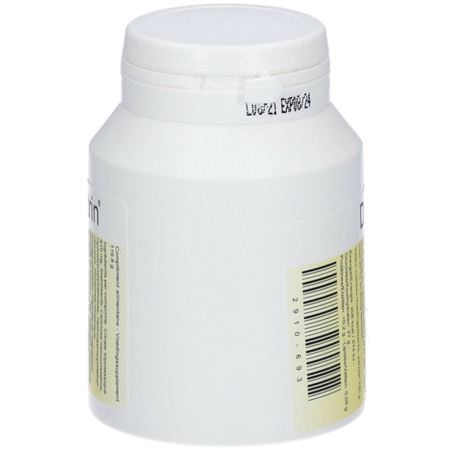 Witte tablettenfles met geel etiket. Opschrift: Dacitrin®. Streepjescode en vervaldatum.