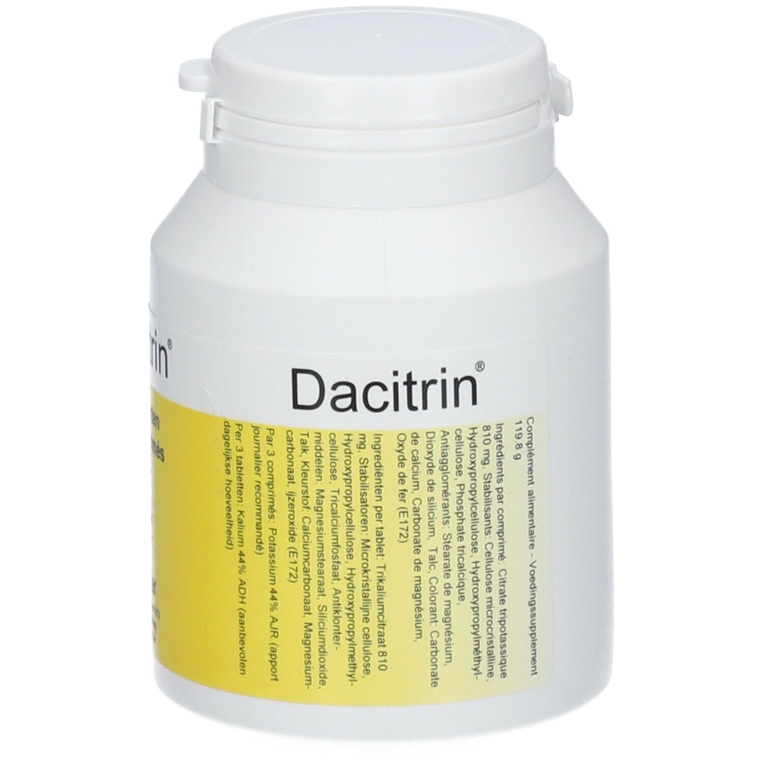 Witte tablettenfles met geel etiket. Opschrift: Dacitrin®. Ingrediëntenlijst en voedingswaarde-informatie.