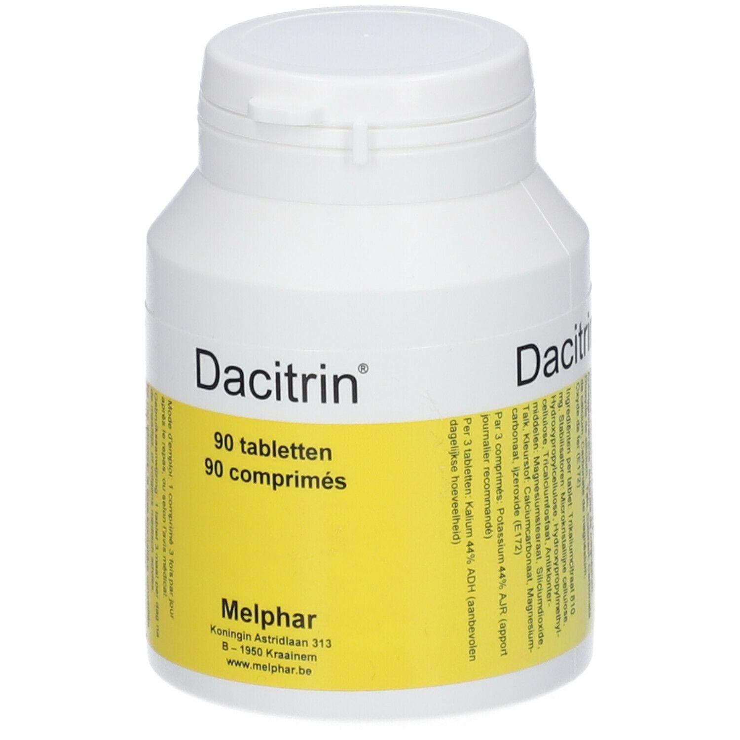 Witte tablettenfles met geel etiket. Opschrift: Dacitrin®, 90 tabletten. Fabrikant: Melphar.