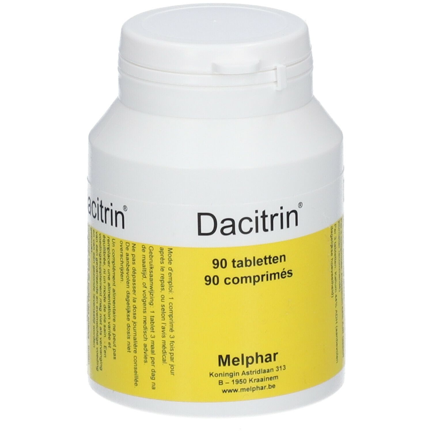 Witte tablettenfles met geel etiket. Opschrift: Dacitrin®, 90 tabletten. Fabrikant: Melphar.