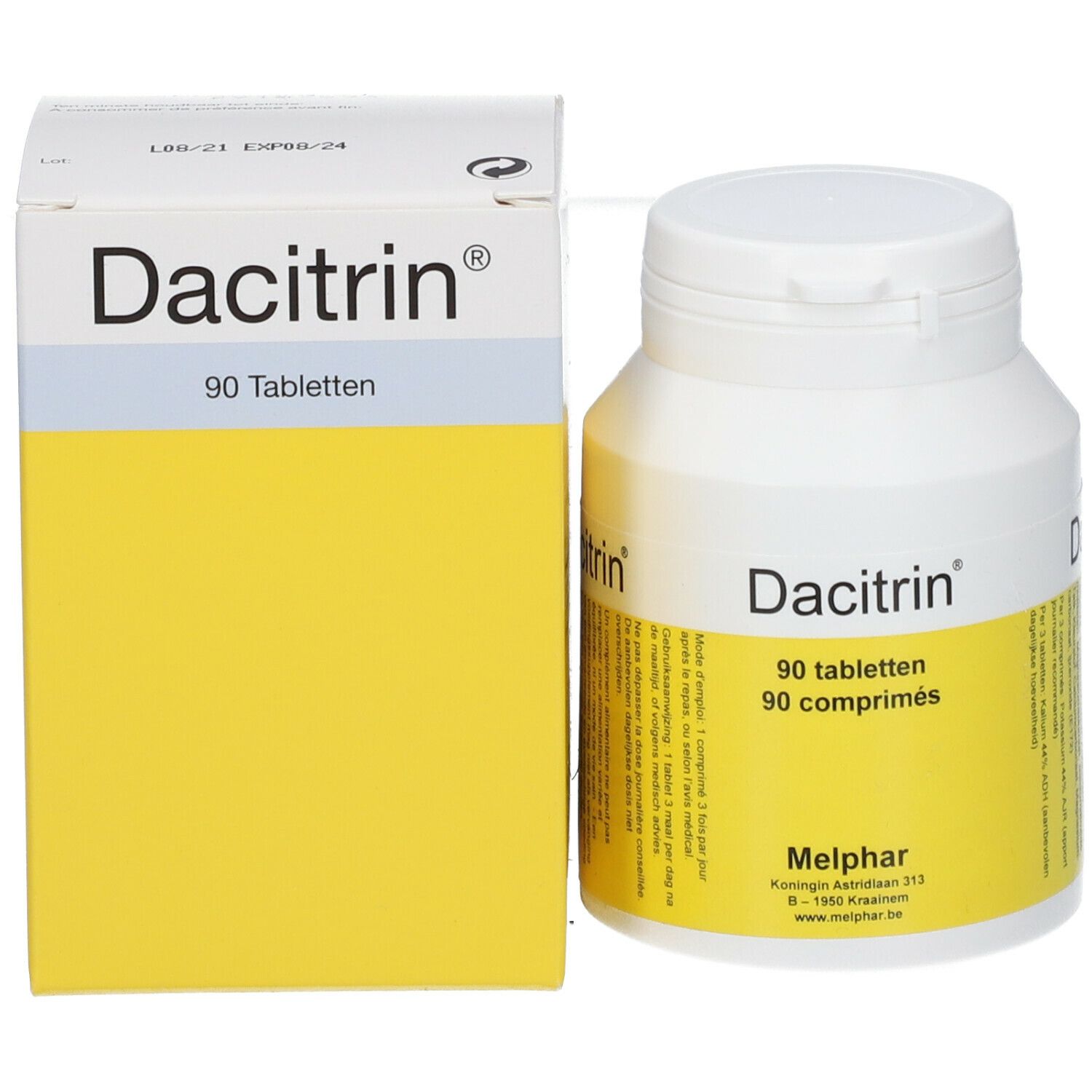 Dacitrin® tablettenfles en doos. Opschrift: Dacitrin®, 90 tabletten. Fabrikant: Melphar.