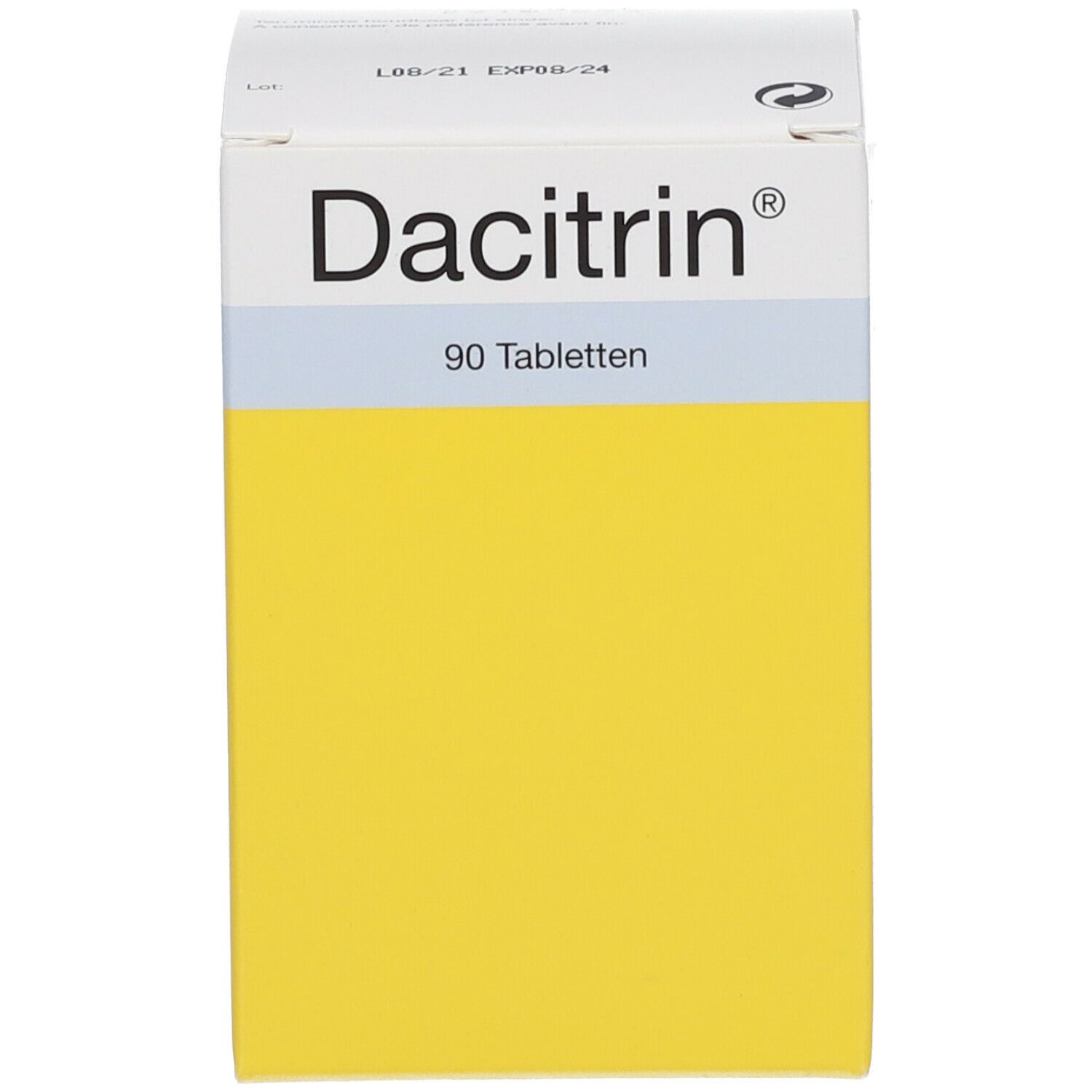 Gele doos met Dacitrin® opschrift. Bevat 90 tabletten.