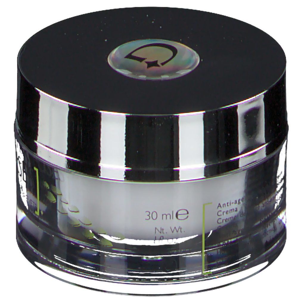 Creme-Tiegel mit schwarzem Deckel. Aufschrift: 30 ml, Anti-age Creme. Marke Garancia.