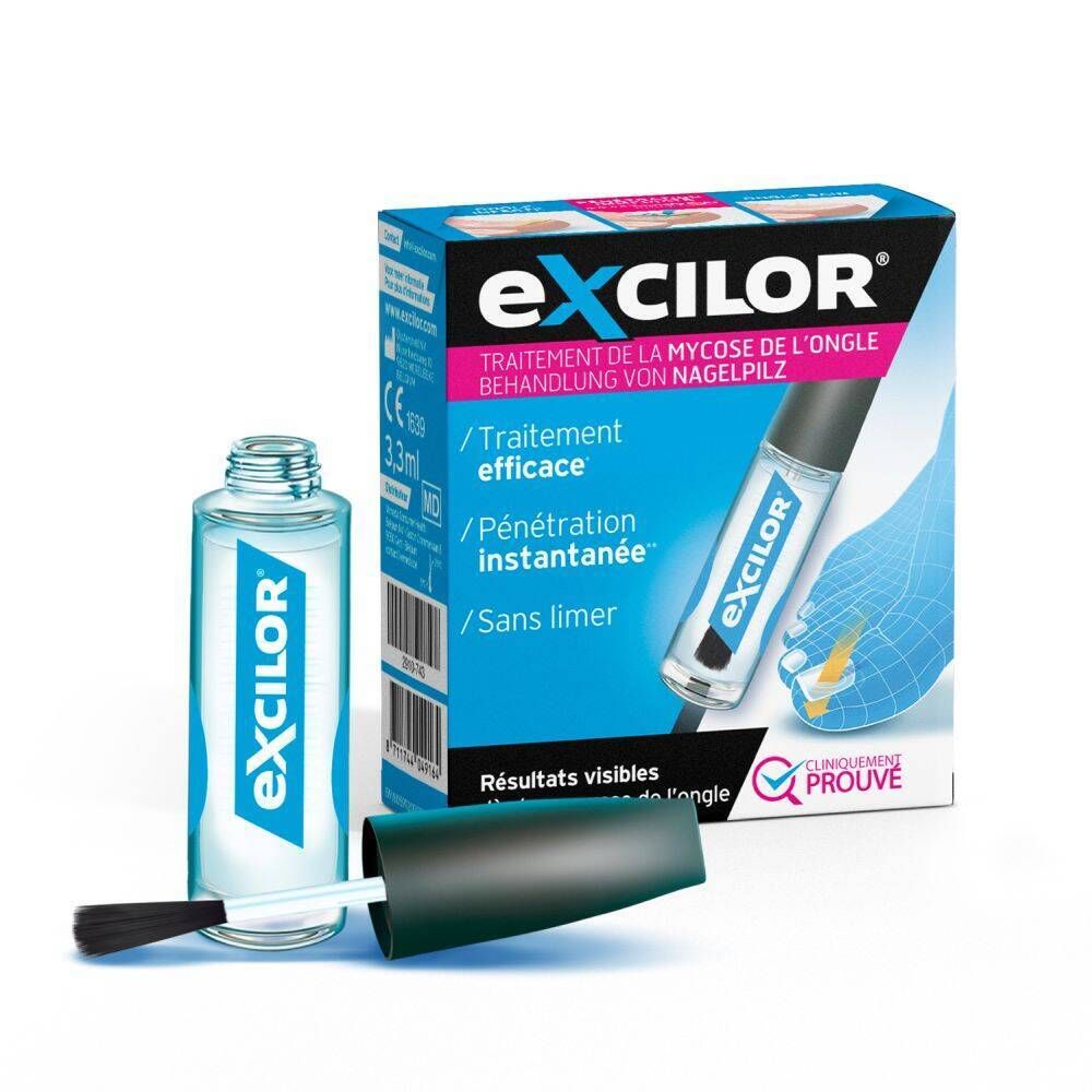 Flacon et emballage Excilor. Flacon avec applicateur. Emballage avec informations produit.