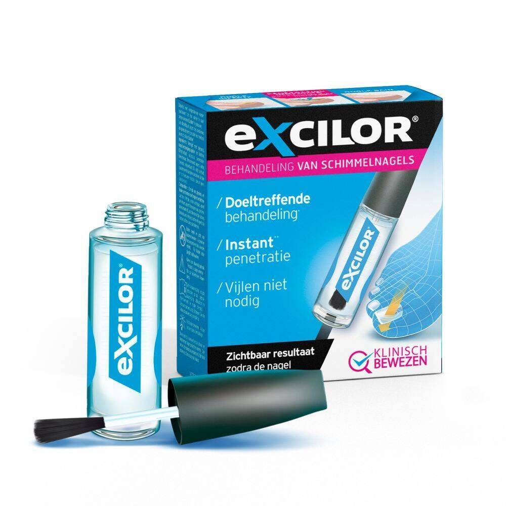 Excilor fles en verpakking. Fles met applicator. Verpakking met productinformatie.