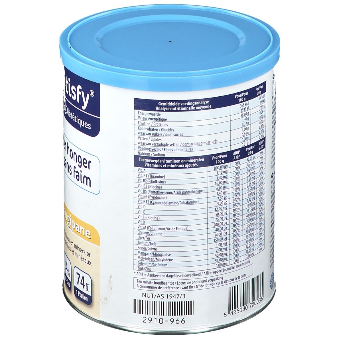 Achterkant van de Crave & Satisfy-pot. Bevat voedingsinformatie en een ingrediëntenlijst. Blauw deksel, witte pot.