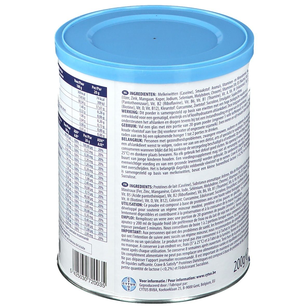 Achterkant van de Crave & Satisfy-pot. Bevat ingrediëntenlijst en voedingsinformatie. Blauw deksel, witte pot. 200g.