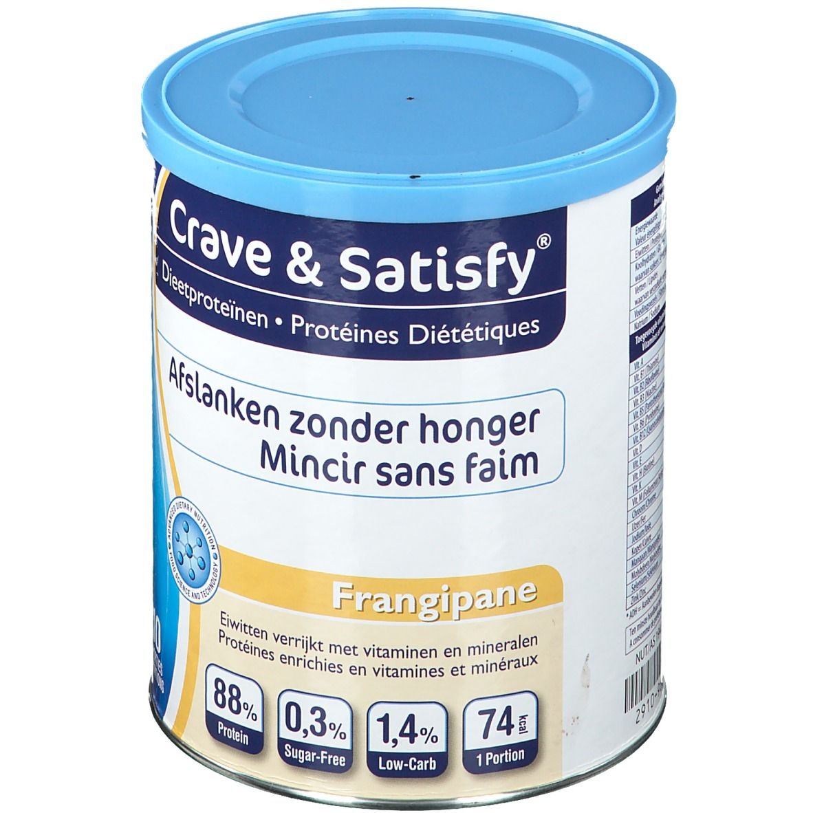 Crave & Satisfy-pot, dieet Frangipane. Blauw deksel, witte pot met tekst en voedingsinformatie.